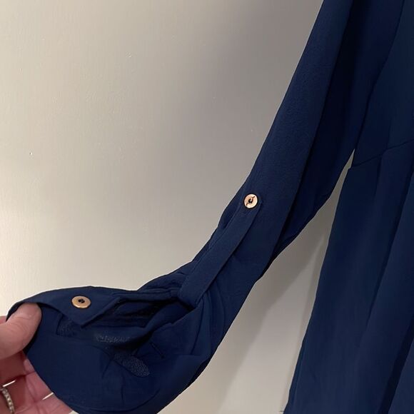 D.N.A. Couture long sleeve soft navy blouse with tie up sleeves w/ gold buttons - Picture 3 of 5